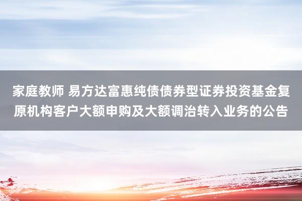 家庭教师 易方达富惠纯债债券型证券投资基金复原机构客户大额申购及大额调治转入业务的公告